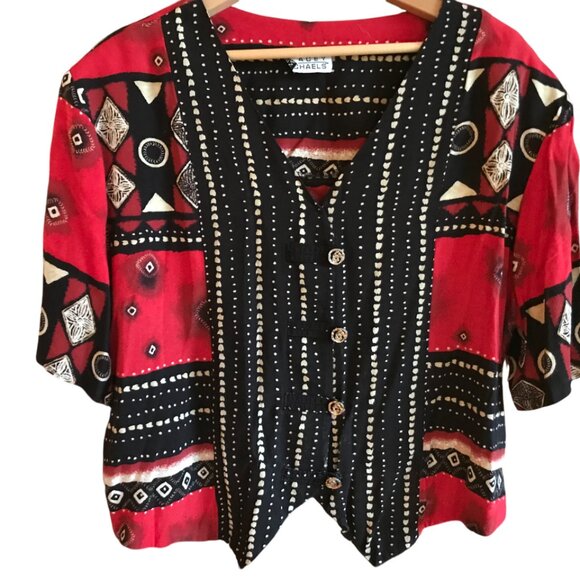 Stacey Michaels Bohemian Blouse: 80s Red Black Geometric Print Tunic, Size 20W - Picture 9 of 9